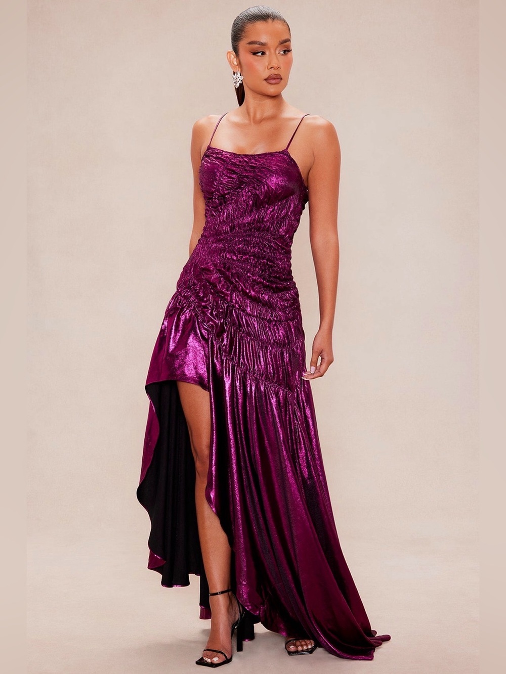 Satin Ruched Asymmetric Evening Dress in plum